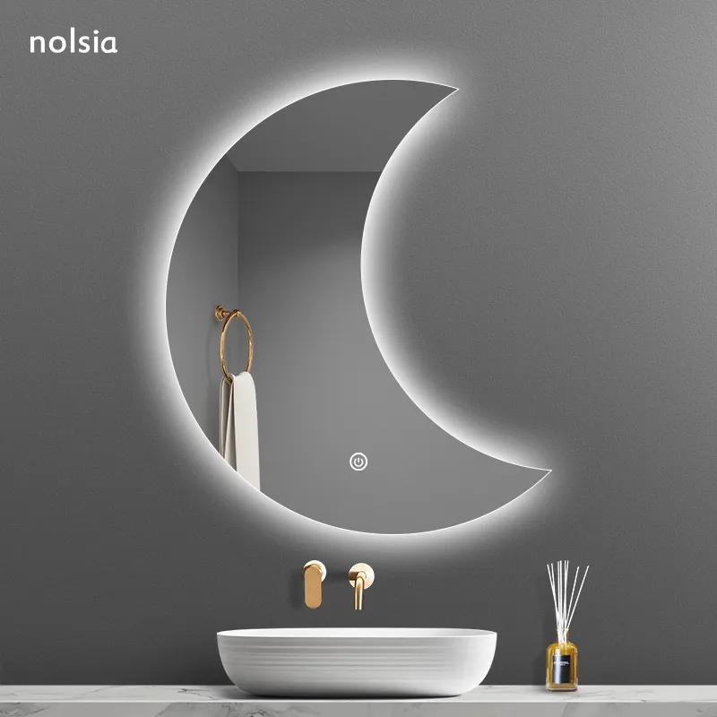 smart bathroom led mirror designer moon shaped LED luminous bathroom mirror with lamp wall mounted