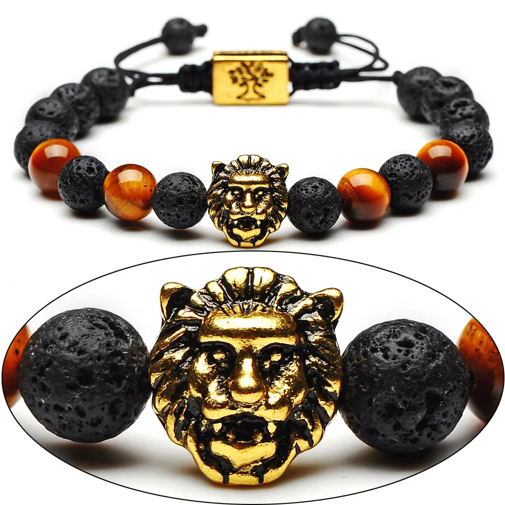 Wholesale Adjustable Chain Lava Stone Tree of Life Men Bead Bracelet Lion Charm Jewelry 2022