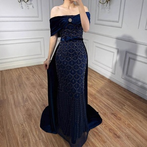 Serene Hill LA73416 Navy Blue <strong>Velvet</strong> <strong>Off</strong> <strong>Shoulder</strong> Evening <strong>Dress</strong> Mermaid Beaded Formal Party Gown with Removable Belt - Product Image 2