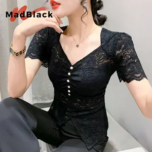 MadBlack Summer V Necks Blouses Female Sexy Irregular Hollow Out Lace Slim Tops Short Sleeves Elastic Blouse Send Tub TopT35618C