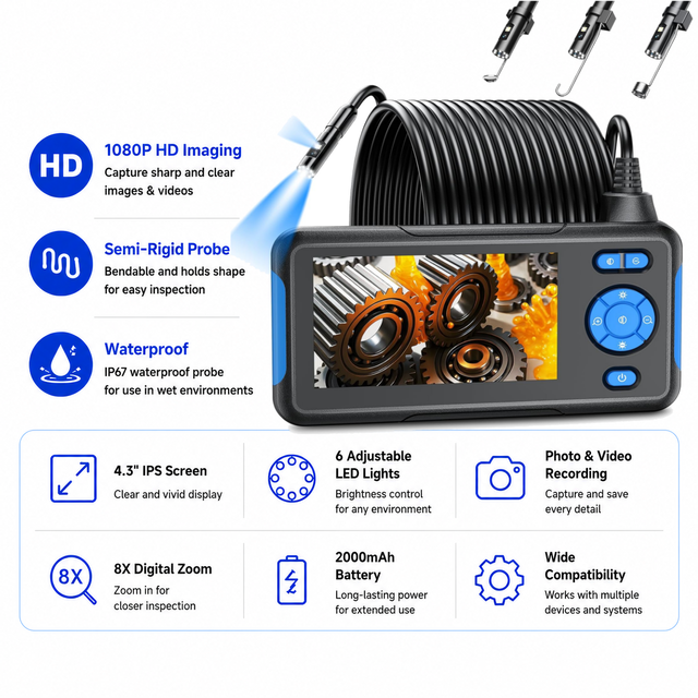 Industrial Borescope 1080P Semi-Rigid Inspection Camera Waterproof Endoscope with 5M Cable
