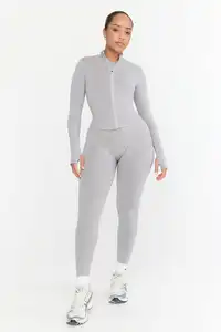 Jaqueta de ioga para mulheres com polegar, jaqueta slim fit com zíper de manga comprida sem costura e com nervuras de nylon