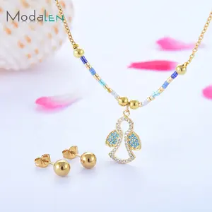 Modalen Woman Jewelry Bead Steel Gold Rhinestone Angel Lady Jewellery Necklace And Earing Set