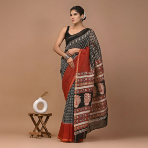Sari en soie Chanderi pure imprimé à la main avec pièce de blouse – Sari élégant en soie Chanderi pure – Vêtement ethnique imprimé à la main - Product Image 1
