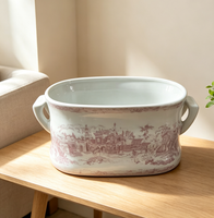 Bac en céramique ovale rose style campagne française avec deux poignées, motif Toile de Jouy vintage, en porcelaine, pour table ou comme pot décoratif