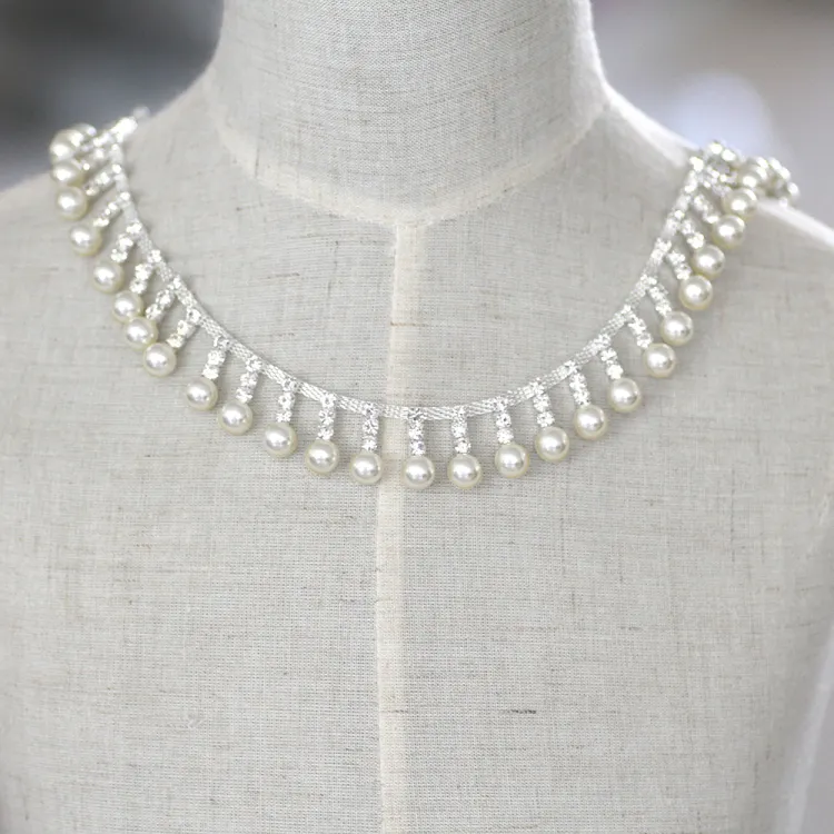 Perll Gaun Pernikahan, Cangkir Berlian Imitasi Rantai Jahit Pada Berlian Imitasi Trim Permata untuk Gaun Pengantin Pakaian Kerah Dekorasi Bahu