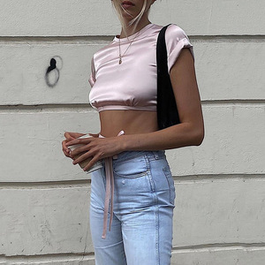 Cropped Top Women Pink Satin Short Sleeve Backless <b>Tie</b> Front Solid Color T Shirt - Product Image 1