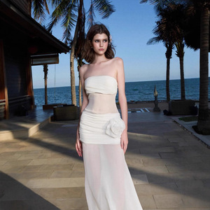 Sheer Mesh Strapless Dress Natural Waist Square Neck White Solid Color Beach Cover Up Travel Style - Product Image 4