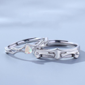 Princess And Knight Crown Open Top Couple Rings Simple Moonstone Adjustable Diamond Setting For Men And Women - Product Image 2