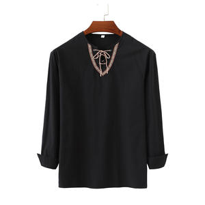 Camisa de <span class=keywords><strong>Hombre</strong></span> de Manga Larga con Cuello Alto, Estilo Informal, Color Sólido, con Cordón Ajustable, de Algodón y Lino - Product Image 3