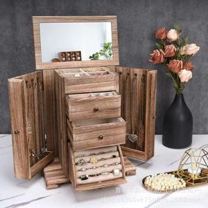 Wooden Multi Layer Vintage Jewelry Storage Box With <b>Mirror</b> Necklace Organizer Solid Wood Jewelry Box For Women - Product Image 5