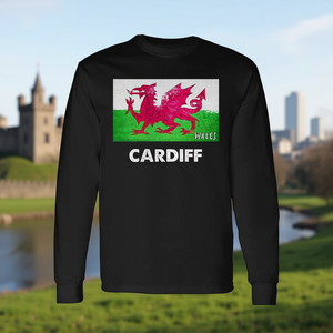 Camiseta de manga larga con bandera de Gales de Cardiff, diseño de dragón rojo, ropa de la ciudad de Cardiff - Product Image 3