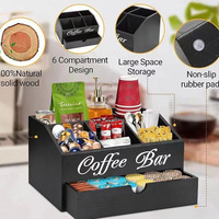 Organisateur de bar à café en bois avec tiroir coulissant pour dosettes de café, sachets de thé, sachets de sucre, ustensiles, station à café de cuisine
