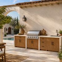 Meubles de cuisine extérieurs sur mesure en bois avec station barbecue, évier en acier inoxydable, glacière et rangement pour villa, jardin, complexe hôtelier