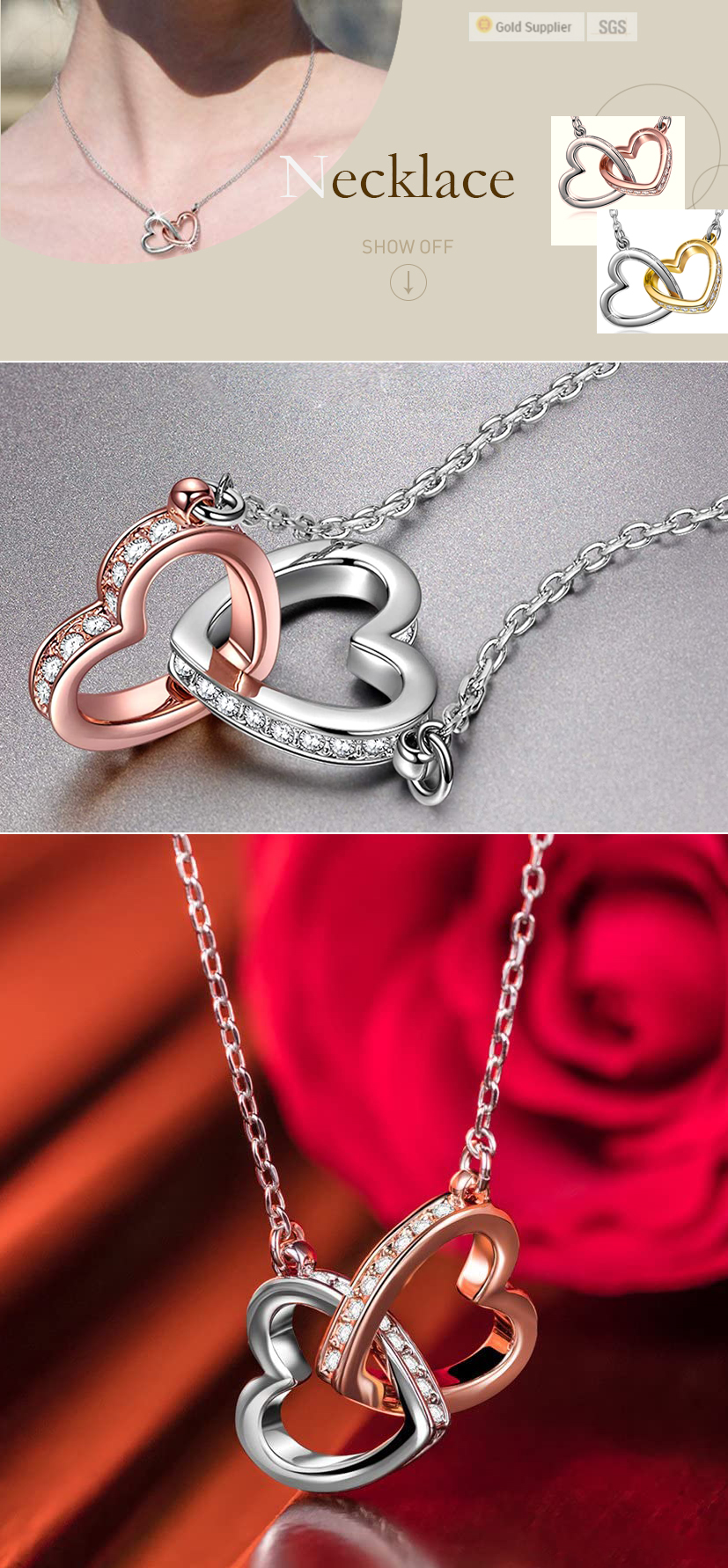 Jóias de presente para mulheres Crystal Crystal Custom Rose Gold Batia Double Rhinestone Cardend Pended Colar