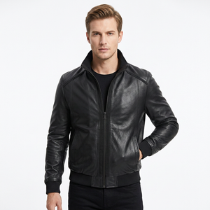 LEATHER <b>TEX</b> Men's Black Sheepskin Leather Bomber Jacket Stand Collar Zipper Closure Moto Style Slim Fit Autumn Wear Quick Dry - Product Image 1