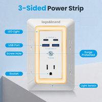 Multiprise avec protection contre les surtensions SummerVibes, 3 côtés, 9 prises, 4 ports USB (2 USB-C PD à charge rapide), veilleuse, certifiée ETL