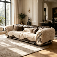 Canapé moderne vintage à accoudoirs courbes, combinaison de cuir marron et de fourrure de mouton blanche, patchwork ondulé, pour salon haut de gamme