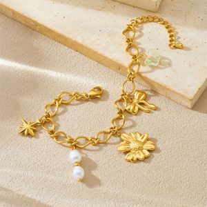 Fashion Charm Bracelet Gold Plated Flower Pearl Bow Chain Women's Jewelry Gift Accessory - Product Image 3