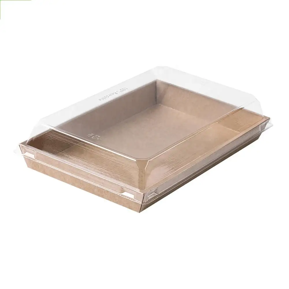 Màu Nâu/Đen/Trắng Kraft Paper Sushi Container Thực Phẩm Bao Bì Tray Sản Phẩm Dùng Một Lần Với Anti Fog PET Lid