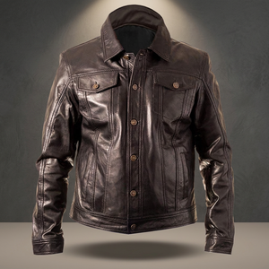 Men's Genuine Leather Moto <b>Jacket</b> Turn-Down Collar Button Closure Autumn <b>Casual</b> Solid Color Regular Fit - Product Image 2