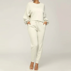 Nadrub <b>Women</b> Solid Crew Neck Long Sleeve Loose Sweatshirt Top <b>Jogger</b> Pants 2 Piece Casual Lounge <b>Set</b> - Product Image 1