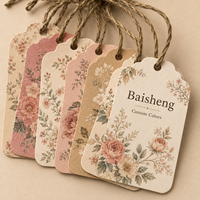 Étiquettes volantes de boutique en papier ivoire texturé, découpées à la forme de coquille Saint-Jacques, avec impression intégrale motif aquarelle botanique vintage, pour vêtements féminins, marque privée