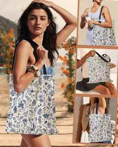 Simple Style Natural Cotton Canvas <b>Tote</b> <b>Bag</b> with <b>Blue</b> Shoulder Handle Pattern Custom Logo Digital Print for Women - Product Image 5