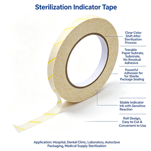 Ruban indicateur <span class=keywords><strong>en</strong></span> rouleau 19mm50m, ruban de stérilisation <span class=keywords><strong>en</strong></span> autoclave ISO13485 CE, utilisé dans le service central de fournitures stériles de l'hôpital - Product Image 1