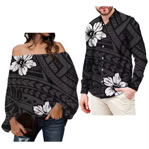 Chemise à manches longues pour <span class=keywords><strong>femme</strong></span>, motif de <span class=keywords><strong>tatouage</strong></span> tribal polynésien à fleurs hawaïennes, chemise en mousseline décontractée, chemise de couple, vente en gros - Product Image 3