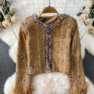 Luxuriöses Damen 2-Teiliges Set Perlenbesetzte Kunstpelz-Ärmel Jacke Pailletten-Rock Set Elegantes Blendendes Jugendliches Party-Outfit - Product Image 4