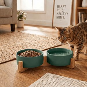 <b>Ceramic</b> Pet Bowl with Bamboo Stand Elevated Pet Food & Water Dish Non-Slip Eco-Friendly Feeder for Cats <b>Dogs</b> - Product Image 2