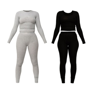 ชุดเสื้อผ้าใส่อยู่บ้านสุดหรูสำหรับผู้หญิงกางเกงเลกกิ้งผ้าคอตตอนใส่วิ่งเข้ารูป2ชิ้นแบบเรียบเซ็กซี่ - Product Image 2