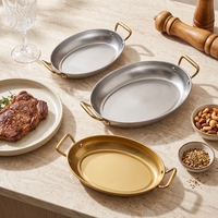 Assiette ovale vintage en acier inoxydable durable de style coréen avec deux poignées pour la maison, l'hôtel, le restaurant, la cuisine commerciale, le service de gâteaux