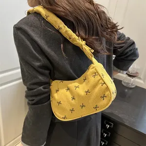 Casual Bow Women Corduroy Shoulder Bags Lightweight Portable Ladies Underarm Bag Simple Female Pleated Strap Handbags <b>Purse</b> - Product Image 3