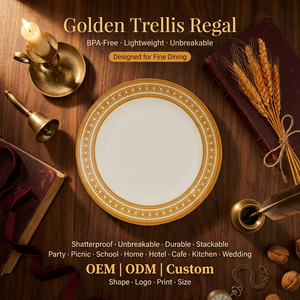 Assiette de service ronde en mélamine dorée à bordure géométrique OEM ODM, 6 pouces, couleur crème, pour restaurant, hôtel, steakhouse, buffet - Product Image 1