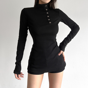 Dark spicy style high neck metal button ribbed knit midi top cinched waist simple versatile slim flattering T <b>shirt</b> - Product Image 1