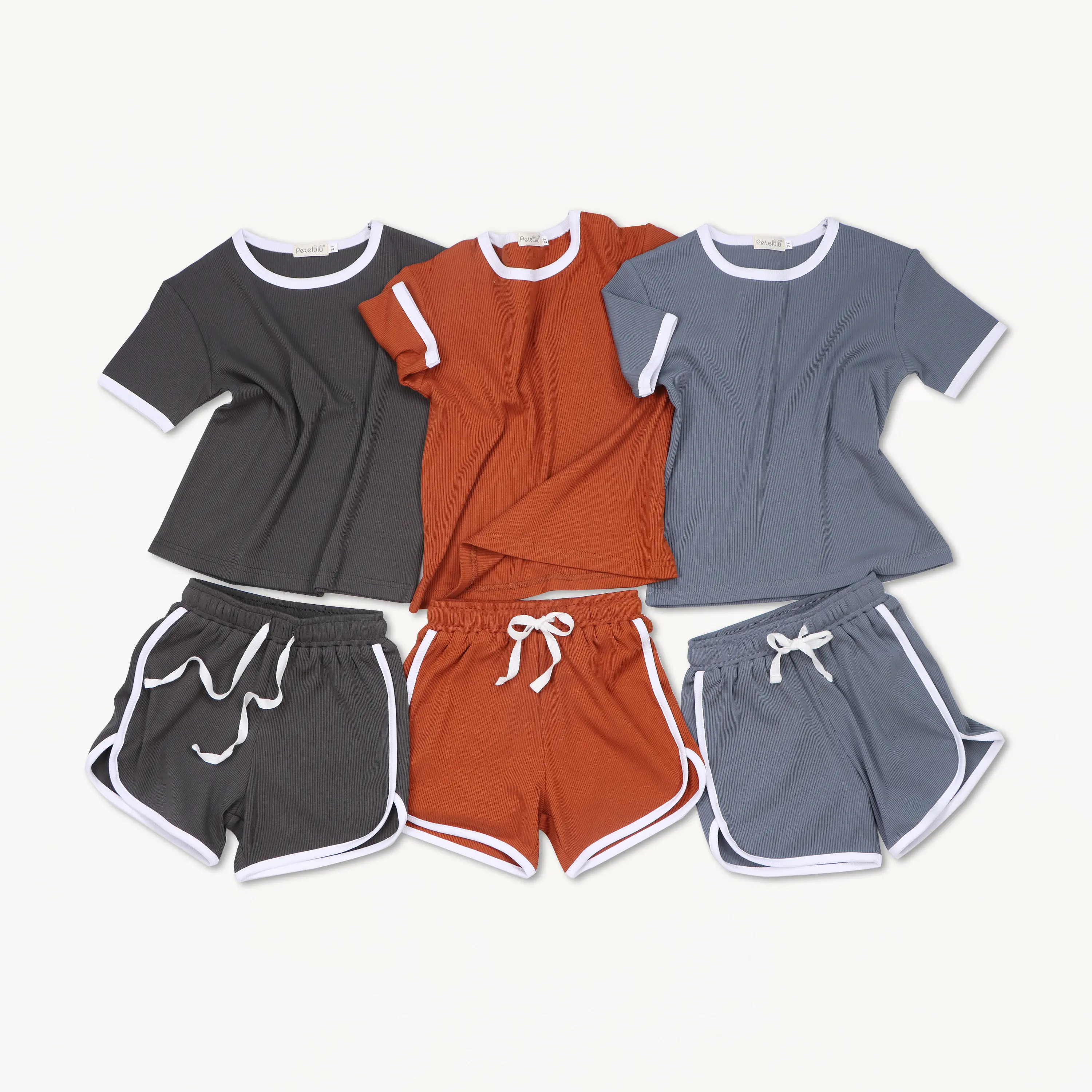 Boys and girls clothing children's solid color bamboo ribbed short sleeved set round neck simple style children's jogger