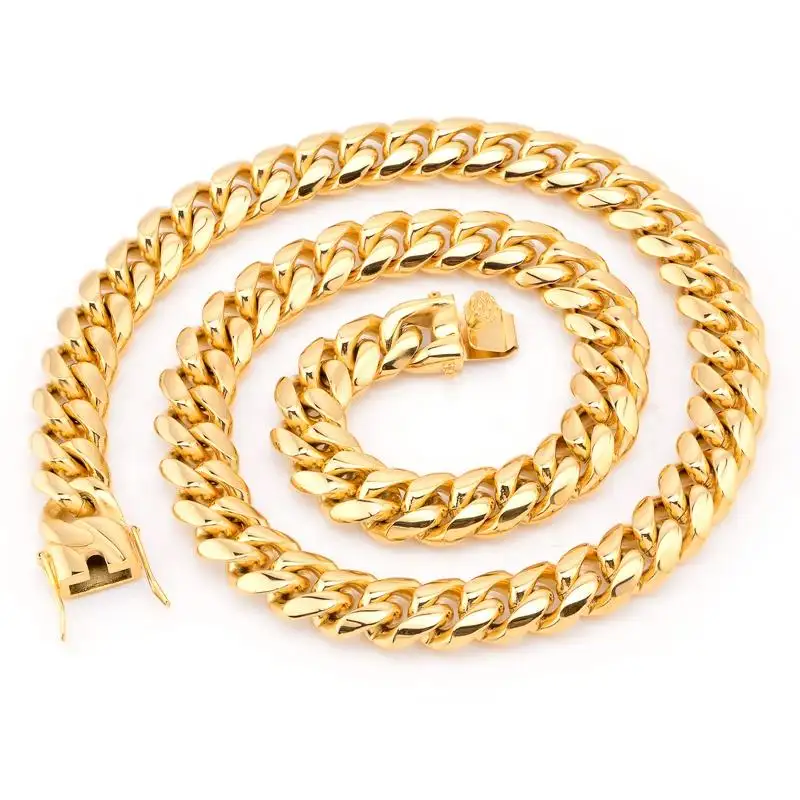 Fashion HipHop Gold Plated Jewelry Wholesale Stainless Steel Cuban Chain Necklace Bracelet Mens Gold Plated Bracelet Miami Cuba