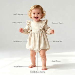 Jupe bébé fille personnalisée, nouvelle collection été, motif à carreaux abricot clair, manches volantées à volants - Product Image 3
