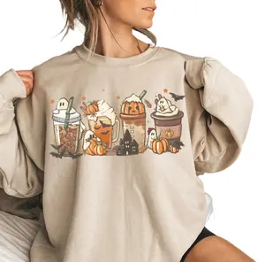 Women Halloween Horror Coffee Movie Shirt Spooky Season Graphic Patch Sweatshirt For Women
