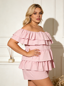 Plus Size Pink <b>Off</b>-<b>the</b>-<b>Shoulder</b> Tiered <b>Ruffle</b> Solid Shirt Women's Casual Summer Shorts Quick Dry Knit Regular Fit - Product Image 2