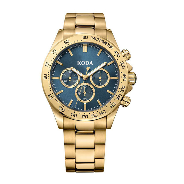 Customized OEM/ODM Navy Blue Face Chronograph Watch Gold Plated Stainless Steel Case Quartz Glass Fashion Luxury Men's Watch