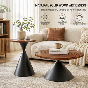 Modern <strong>Round</strong> Solid Wood Coffee <strong>Table</strong> With Concentric Grooves Top Elegant Artistic <strong>Side</strong> <strong>Table</strong> With <strong>Black</strong> Conical Metal Base - Product Image 4