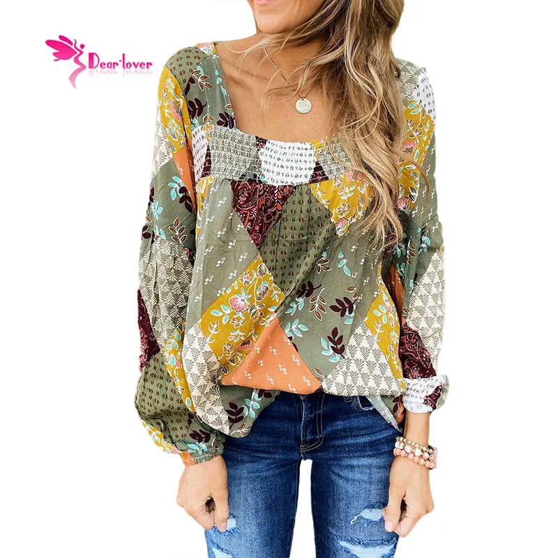 Green Square Neck Women Tops Elegant Mixed Print Modest Blouse Shirts Casual for Ladies