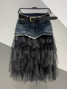 2026 New Fashionable Mesh Splicing Nail Bead Cowboy <b>Long</b> <b>Skirt</b> Versatile and Slimming A-line Half Body <b>Skirt</b> - Product Image 4
