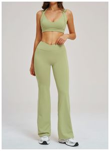 Conjunto Deportivo para Mujer, Bra de Yoga y Pantalones de Cintura Alta con Corte Acampanado, Tallas Grandes, Ropa Deportiva, Spandex/Nailon, Diseño a Cuadros, Sin Costuras, Elegante - Product Image 4