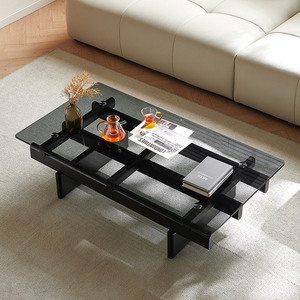 Table basse en bois moderne haut de gamme, durable et écologique, avec plateau en verre rectangulaire noir, pour salon, hôtel, meubles de salon - Product Image 2