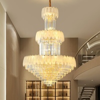 Lustre de villa à deux étages à hauteur réglable personnalisé, abat-jour en cristal, finition dorée LED, garantie de 5 ans pour salon duplex