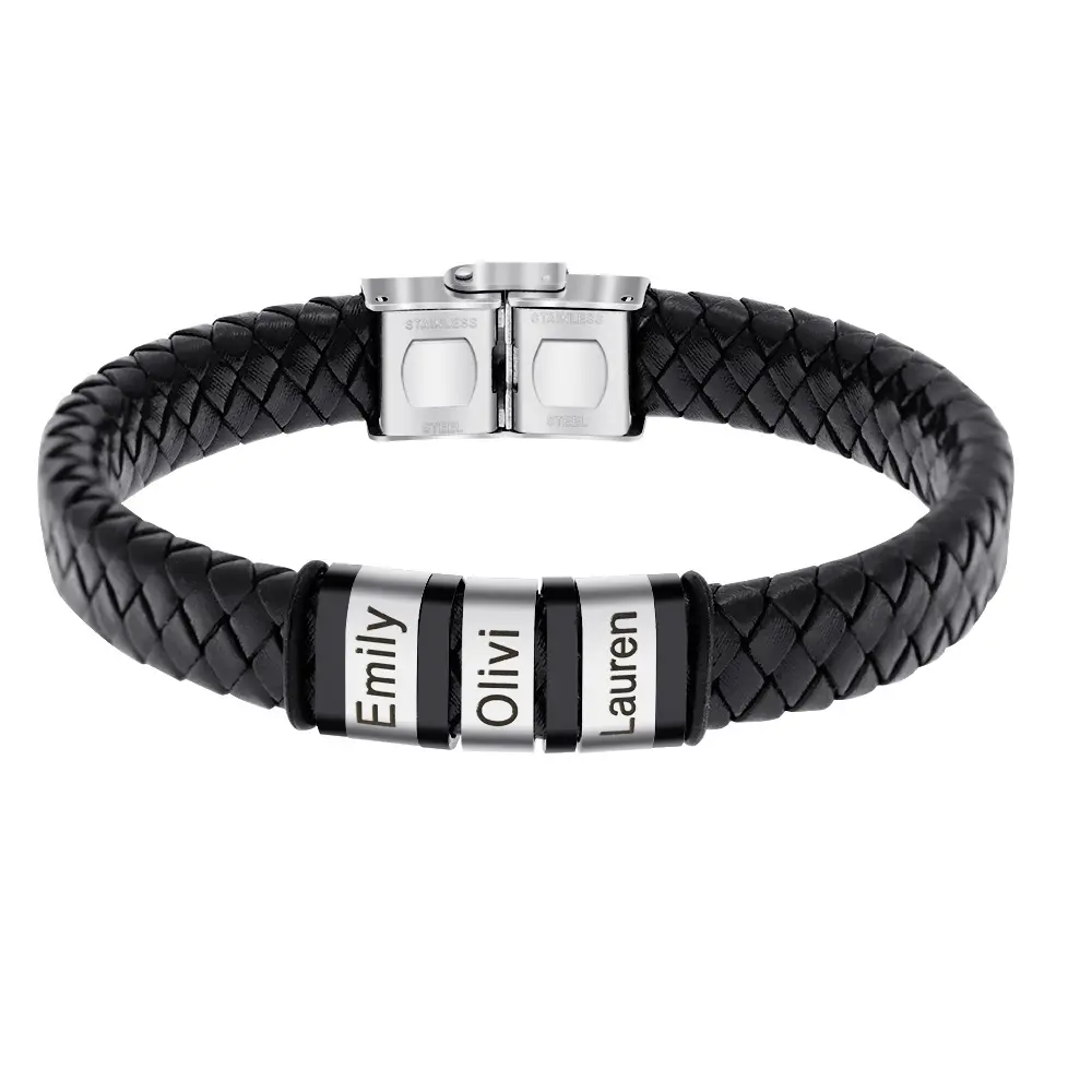 Vente en gros Bracelet en cuir acier inoxydable nom gravé Bracelet en corde de cuir pour hommes cadeau de fête des pères pour hommes